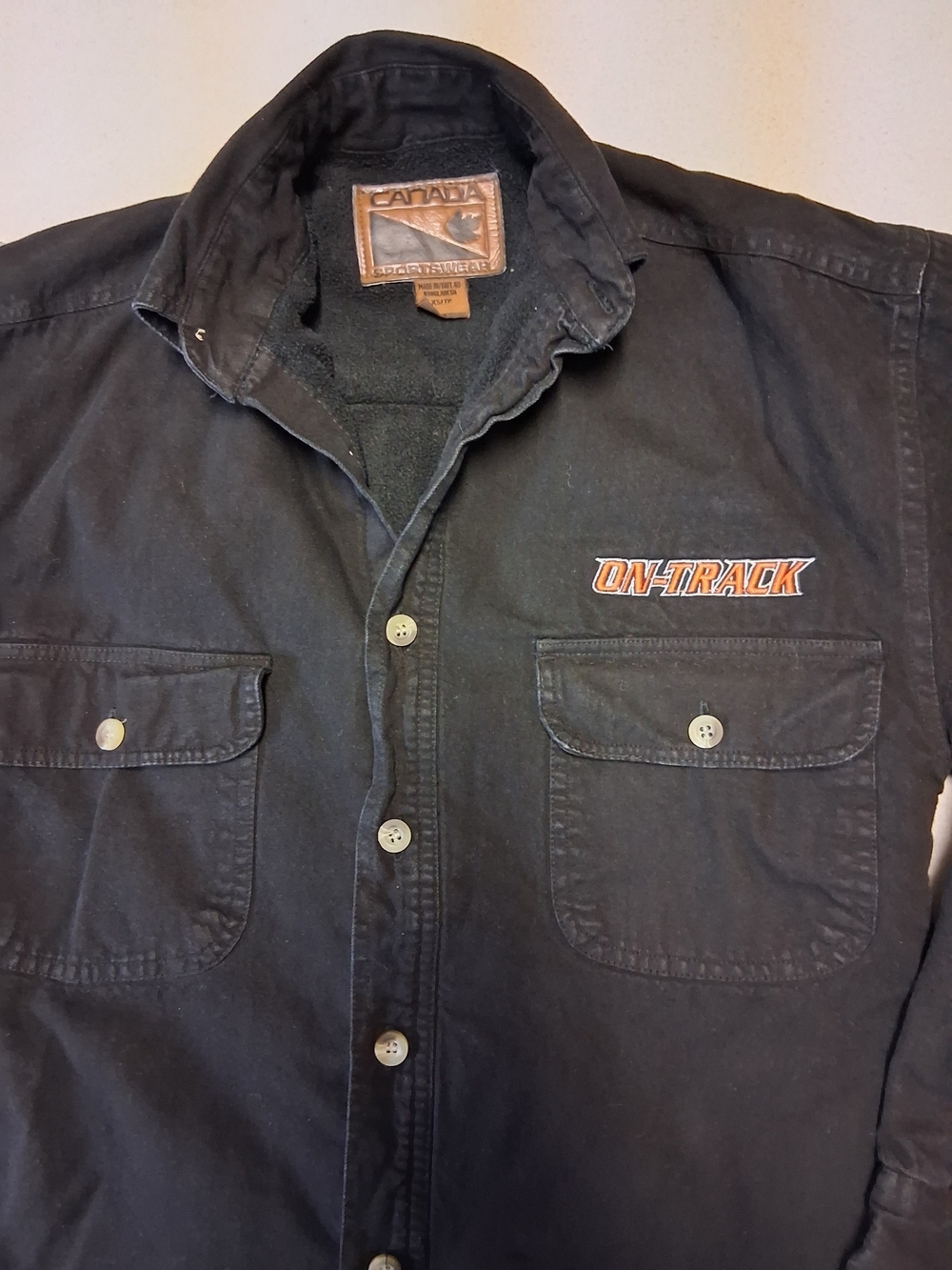 4/20$ ON-TRACK Black Button-Up Work Shirt Jacket With Warm Lining  withChestlogo - Picture 3 of 8